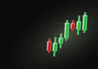 Crypto market stock market trading banner 3D. Sall and buy assets. 3D candlestick chart with rise price on stock market. Investments revenue growth. Vector illustration