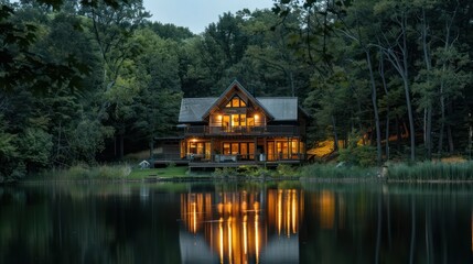 A tranquil retreat, this wooden cabin with glowing windows reflects on the calm lake, nestled among forest trees