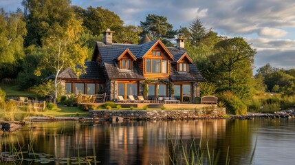 Obraz premium The golden sunset hugs this idyllic waterfront house with lush surroundings and a peaceful atmosphere