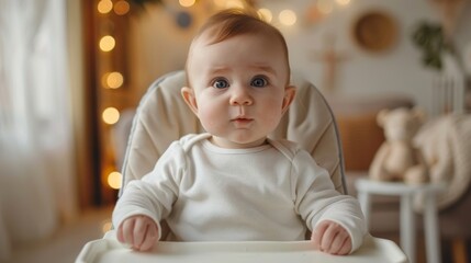 Fototapeta premium A high chair-bound baby explores a lively room brimming with toys, exhibiting playfulness and curiosity