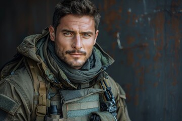 A male soldier with intense eyes wears tactical gear and a scarf, conveying stoicism and readiness