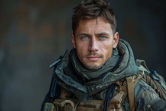 A soldier's piercing blue eyes reflect a sense of depth and contemplation in his military attire