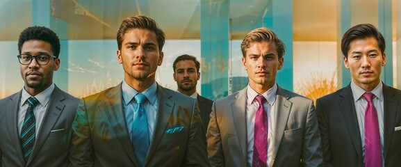 A neat row of ethnically diverse
businessmen in suits lined up in an orderly fashion, showcasing professional attire for office workers, Corporate website header with copy space, Generative AI 