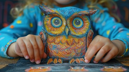   Child clutching owl figurine on wooden table