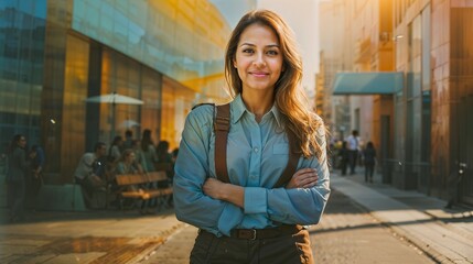 Young happy pretty smiling professional business woman, positive female entrepreneur standing outdoor on street arms crossed, looking at camera, Corporate website header with copy space, Generative AI