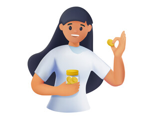 Taking pills concept. 3D millennial mixed race girl holding pill. Woman taking pills and holding drug medication bottle. Taking medicine from head ache, stomach pain or taking vitamins illustration