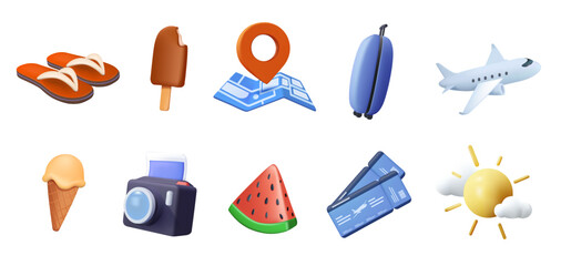 Summer, travel 3D icons set. Vector collection of illustrations and icons. Ice cream, map, watermelon and sun icons for summer travel, including camera and bagage with tickets