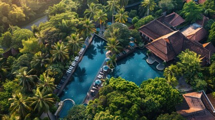 An aerial shot showcases the sprawling layout and stunning pools of a luxurious tropical resort enveloped by lush greenery