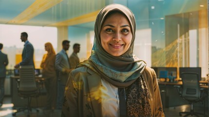 A confident young Muslim businesswoman wearing a hijab is smiling while standing in a modern office with colleagues talking in the background, Corporate website header with copy space, Generative AI