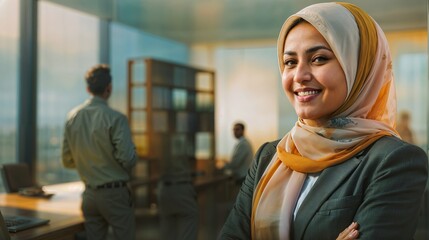A confident young Muslim businesswoman wearing a hijab is smiling while standing in a modern office with colleagues talking in the background, Corporate website header with copy space, Generative AI