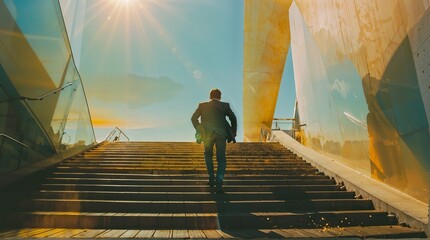 An ambitious businessman ascending stairs to confront an upcoming challenge and seize a business opportunity. Corporate website header with copy space, Generative AI 