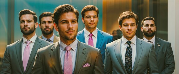 A neat row of ethnically diverse
businessmen in suits lined up in an orderly fashion, showcasing professional attire for office workers, Corporate website header with copy space, Generative AI 