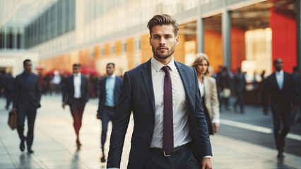 Businessman walking at business center or station, or busy trade fair. Blurred colourful image. Wide corporate website header with copy space, Generative AI