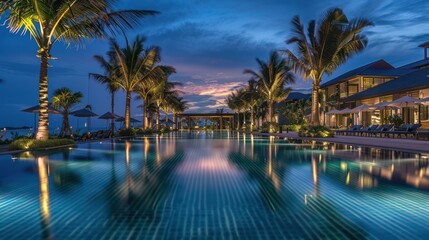 Obraz premium A serene twilight view capturing the reflection in a still infinity pool at a luxurious beachside resort