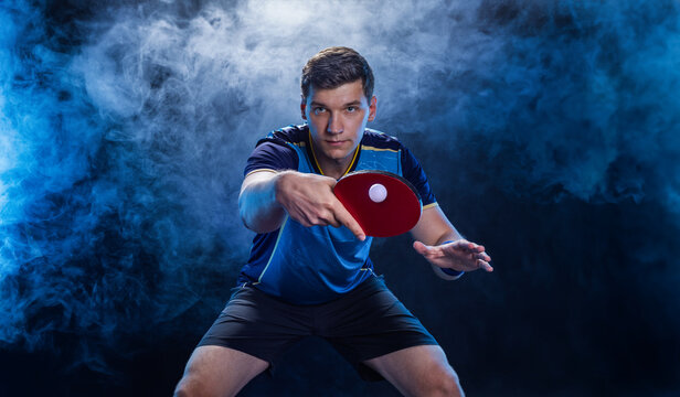 Table tennis player in action close-up photo. Ping pong horizontal banner. Download a photo of a table tennis player for a tenis racket packaging design. Image for tennis ball box template.