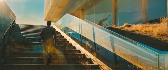 An ambitious businessman ascending stairs to confront an upcoming challenge and seize a business opportunity. Corporate website header with copy space, Generative AI 