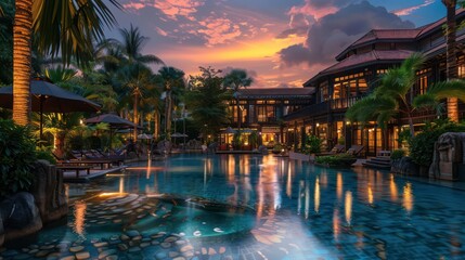 Fototapeta premium A breathtaking view of a luxurious resort pool surrounded by tropical palm trees during a vivid sunset