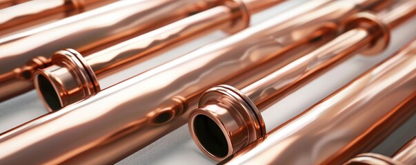 Naklejka premium stack of shiny copper plumbing pipes on a white background.