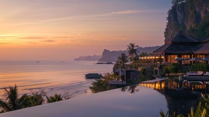 Calm and serene view of a beachfront resort with an infinity pool overlooking distant sea cliffs at sunset