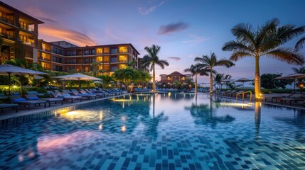 An inviting luxurious resort poolside bathed in the warm golden light of dusk with reflections of a setting sun in the water