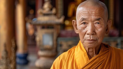 Naklejka premium Traditional Buddhist Monk Older Man. Standing in Temple Monastery.. Serious Look Centered Portrait. Concept of Religion, Robes, and Praying