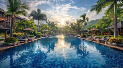 Obraz premium Breathtaking views of a luxury resort pool at sunset surrounded by tropical palm trees and sun loungers