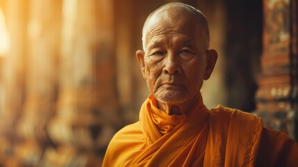 Naklejka premium Traditional Buddhist Monk Older Man. Standing in Temple Monastery.. Serious Look Centered Portrait. Concept of Religion, Robes, and Praying