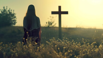 Woman looking at the cross of Jesus, christian concept