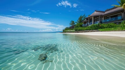 Fototapeta premium Experience the ultimate getaway with a pristine beachfront villa overlooking the crystal clear waters and white sandy beach