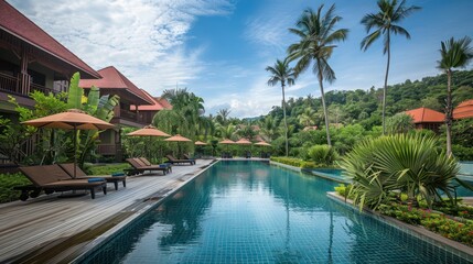 Capture the essence of pure relaxation by a tranquil poolside nestled amongst lush greenery and mountains under the blue sky