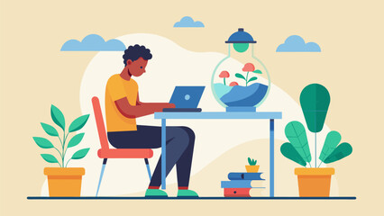 A person sitting at a desk tending to a small terrarium as a form of relaxation during a study break..