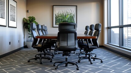 This professional setting shows a sleek boardroom with a polished wooden table and comfortable office chairs against a city view