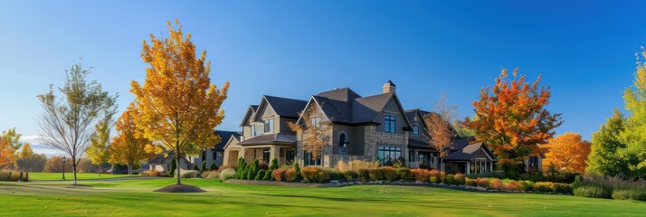 Obraz premium Grand luxury house surrounded by vibrant autumn-colored trees under a vast blue sky