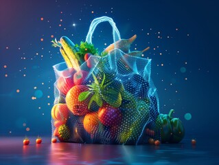 Neural lowpoly AI futuristic neon network of bag full of groceries