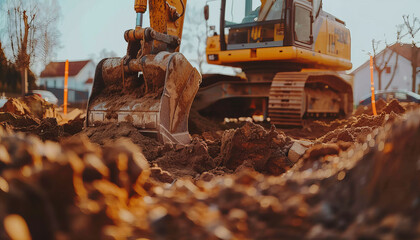 Fototapeta premium Yellow excavator working by digging a hole in the soil, dirty work.