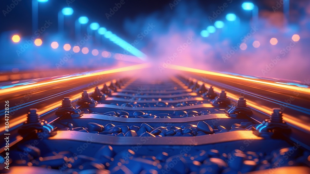 Poster close-up of a train track with lots of lights on either side