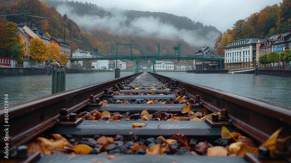 Poster train tracks on a waterway with houses beyond and a bridge in view