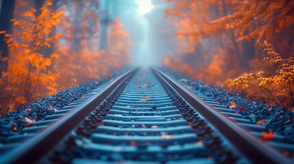   Train tracks amidst a forest misty sky with trees lining both sides - Powered by Adobe