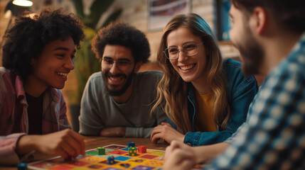 Employees organizing a game night in the office, playing board games and card games to unwind and bond. Stimulus and inspiration, respect and support, friendship and tolerance - obrazy, fototapety, plakaty