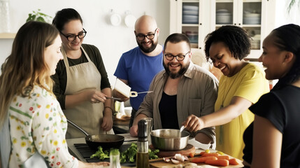 Colleagues attending a cooking class together, learning new recipes and culinary techniques. Stimulus and inspiration, respect and support, friendship and tolerance - obrazy, fototapety, plakaty
