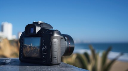 A professional DSLR camera set against a coastal cityscape capturing the essence of photography