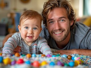 Infant laughs joyfully while playing with dad in a lively room, toys everywhere, bonding with family