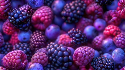   A pile of mixed berries, including red, purple, and blue raspberries and blueberries, is displayed