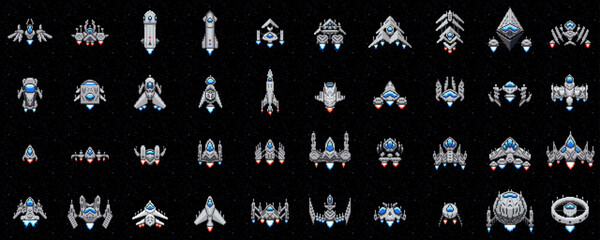 Pixel art space fleet. Retro 8-bit spaceship icons, vintage video game rocket and spacecraft vector illustration set on a starry background © fim.design