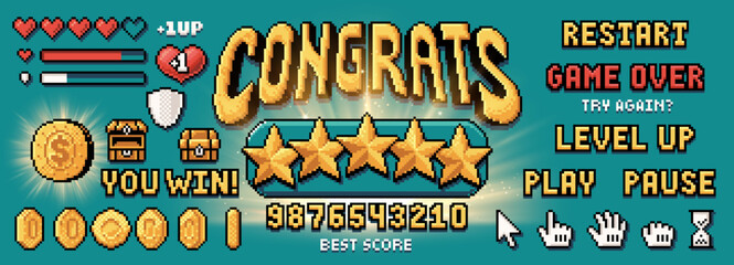 Pixel art game UI elements. Five stars rating, best score numbers, shield and life bars. Retro 8 bit arcade video game graphics vector set © fim.design
