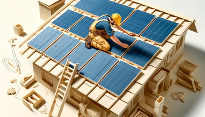 3D Layered Art of Construction Worker and Solar Panel Installation