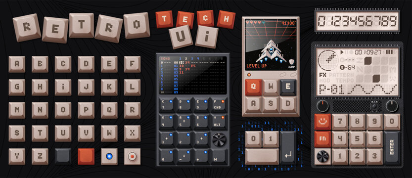 Retro tech digital devices UI with mechanical keyboard keys. Nostalgic vibe handheld gaming portable console, music tracker and vintage synthesizer with segment display vector set