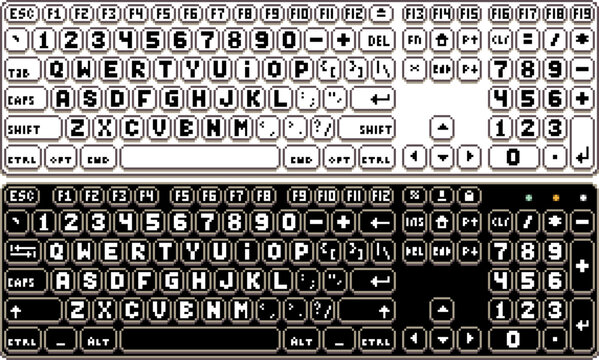 Pixel art 100% keyboard layout. Qwerty keys with numeric keypad vector illustration
