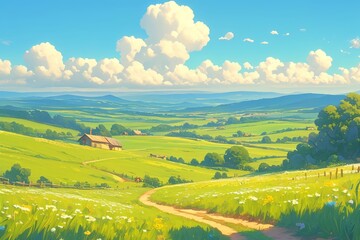 A beautiful cartoon illustration of the countryside with farmhouses, green grass and mountains in the background