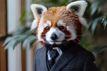 Smart Anthropomorphic red panda dressed suit. Cute face art wear cool. Generate Ai